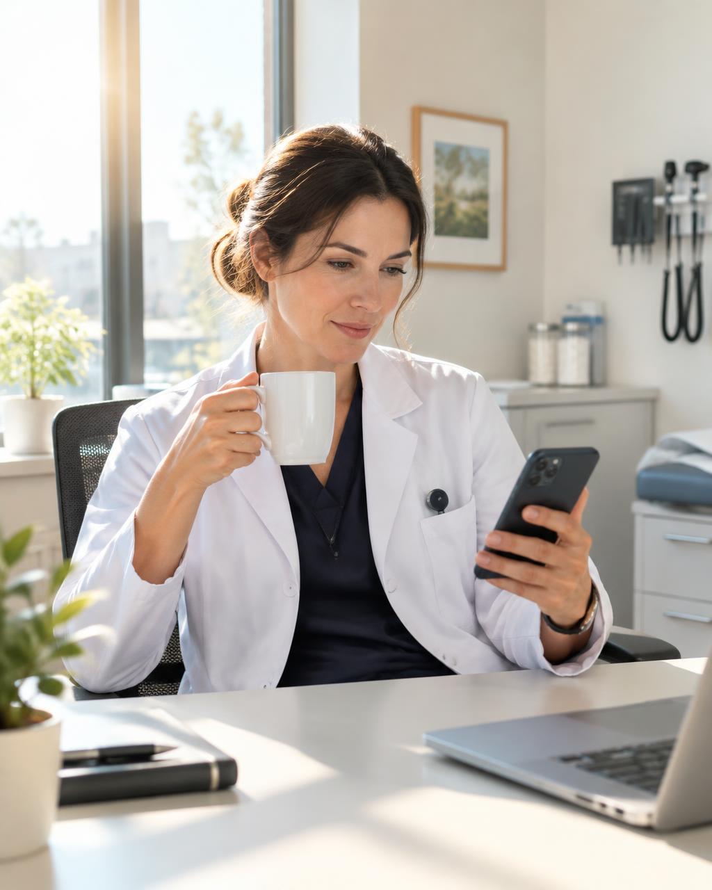 Doctor reading the morning brief with a coffee
