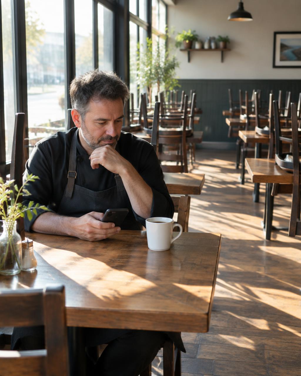 Restaurant owner reading the morning brief in an empty dining room