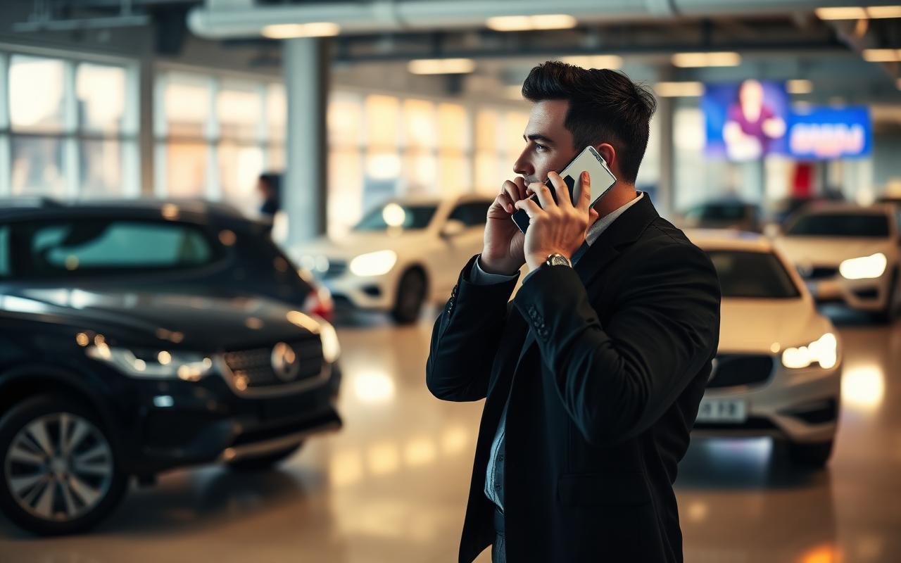 Car salesperson taking a call on the dealership showroom floor