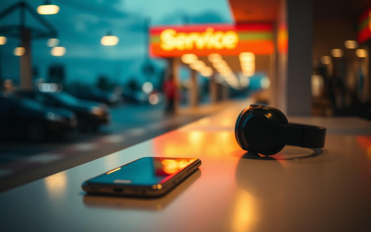 Headphones and a phone on a dealership service counter
